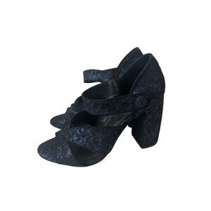ZARA Blue Black Velvet Block Heels Size 37/ US 6.5